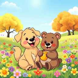 A charming cartoon scene featuring a playful dog and a cute little bear as best friends