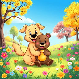 A charming cartoon scene featuring a playful dog and a cute little bear as best friends