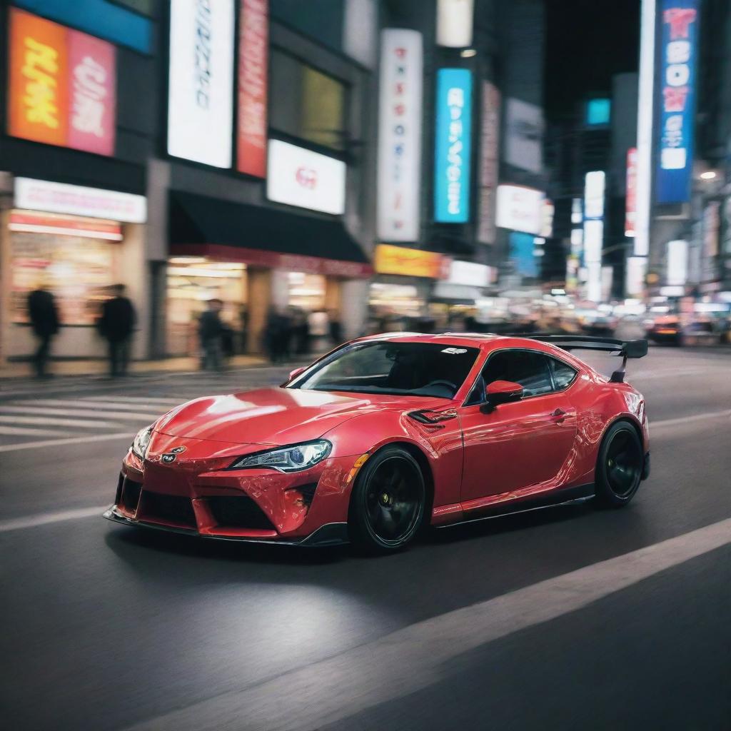 A stylish Toyota sports car, captured mid-drift on a bustling Tokyo street at night, surrounded by vibrant neon lights and high-speed motion blur.