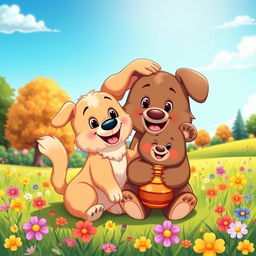 A charming cartoon scene featuring a playful dog and a cute little bear as best friends