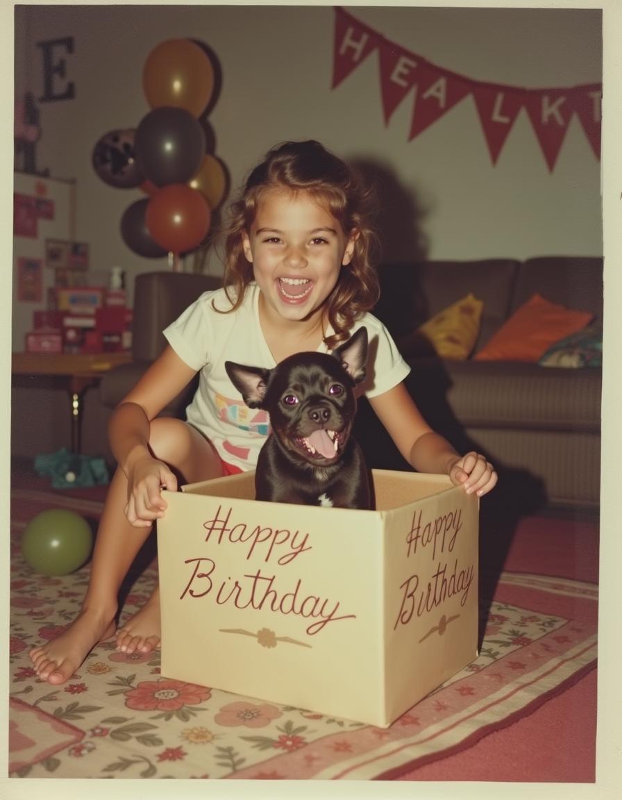 A candid polaroid picture taken at a nostalgic 90s American birthday party, featuring a joyful 6-year-old girl with sharp, long canine teeth as she excitedly opens her birthday present