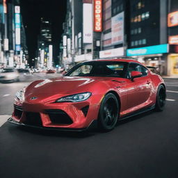 A stylish Toyota sports car, captured mid-drift on a bustling Tokyo street at night, surrounded by vibrant neon lights and high-speed motion blur.