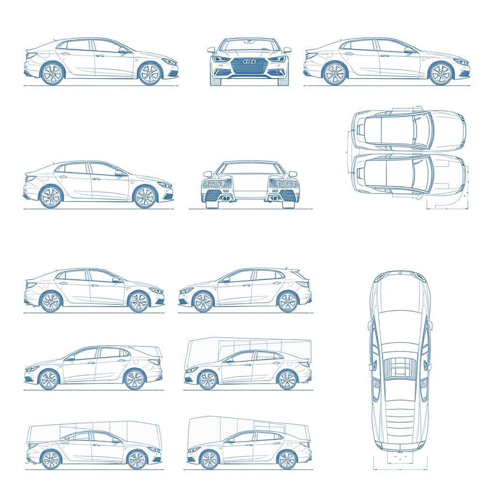 A collection of 15 high-quality blueprint sketch illustrations of a single car model, accurately displayed from various perspectives: back, front, right side, top, and an upward view