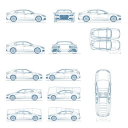 A collection of 15 high-quality blueprint sketch illustrations of a single car model, accurately displayed from various perspectives: back, front, right side, top, and an upward view