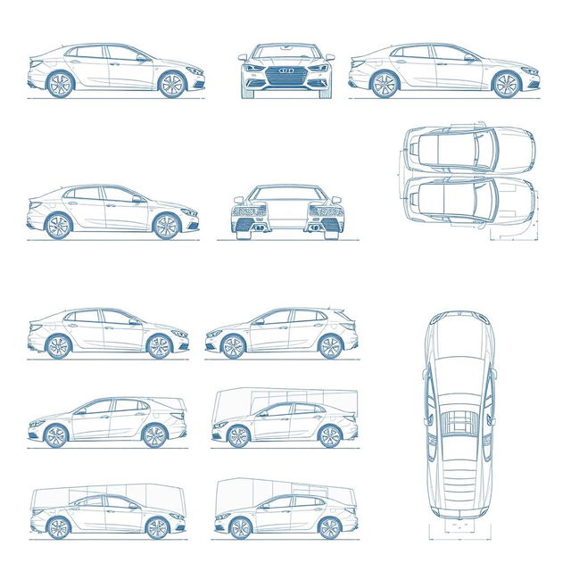 A collection of 15 high-quality blueprint sketch illustrations of a single car model, accurately displayed from various perspectives: back, front, right side, top, and an upward view