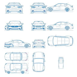 A collection of 15 high-quality blueprint sketch illustrations of a single car model, accurately displayed from various perspectives: back, front, right side, top, and an upward view