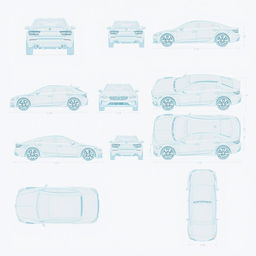 A collection of 15 high-quality blueprint sketch illustrations of a single car model, accurately displayed from various perspectives: back, front, right side, top, and an upward view