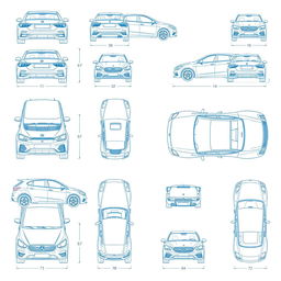 A collection of 15 high-quality blueprint sketch illustrations of a single car model, accurately displayed from various perspectives: back, front, right side, top, and an upward view