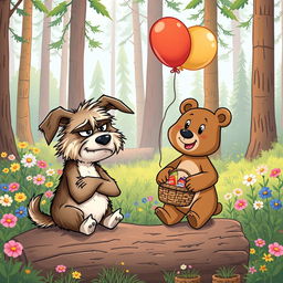 A whimsical cartoon scene featuring an angry dog and a little bear as unlikely friends