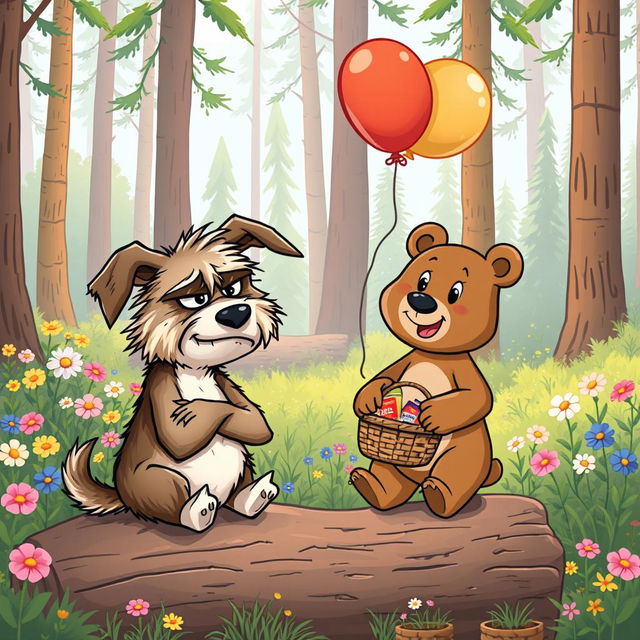 A whimsical cartoon scene featuring an angry dog and a little bear as unlikely friends