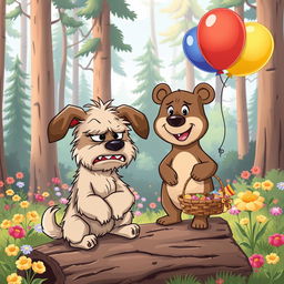 A whimsical cartoon scene featuring an angry dog and a little bear as unlikely friends