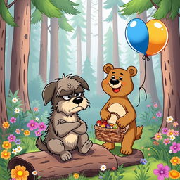 A whimsical cartoon scene featuring an angry dog and a little bear as unlikely friends