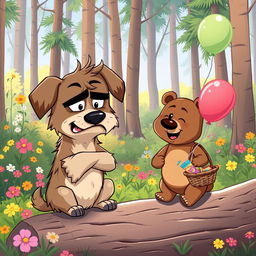 A whimsical cartoon scene featuring an angry dog and a little bear as unlikely friends