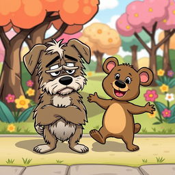 A humorous cartoon scene featuring an angry dog and a small silly bear as quirky friends