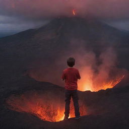 A brave young boy standing triumphantly on the rim of an active volcano, with the red glow of magma illuminating him against a dramatic twilight sky