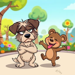 A humorous cartoon scene featuring an angry dog and a small silly bear as quirky friends