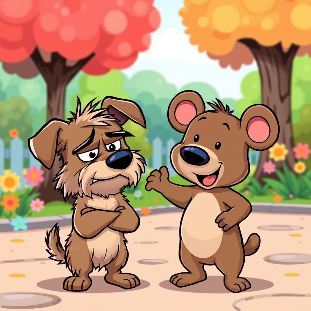 A humorous cartoon scene featuring an angry dog and a small silly bear as quirky friends