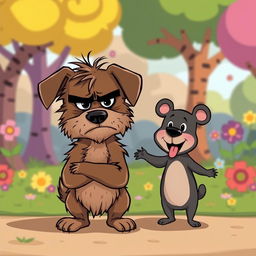 A humorous cartoon scene featuring an angry dog and a small silly bear as quirky friends