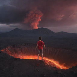 A brave young boy standing triumphantly on the rim of an active volcano, with the red glow of magma illuminating him against a dramatic twilight sky