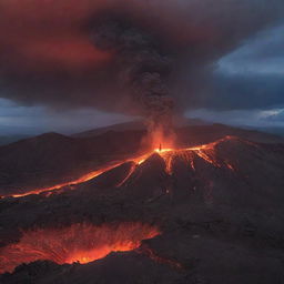 A brave young boy standing triumphantly on the rim of an active volcano, with the red glow of magma illuminating him against a dramatic twilight sky