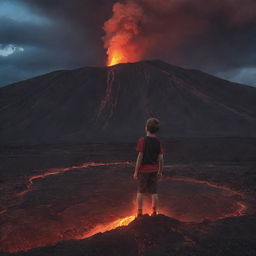 A brave young boy standing triumphantly on the rim of an active volcano, with the red glow of magma illuminating him against a dramatic twilight sky