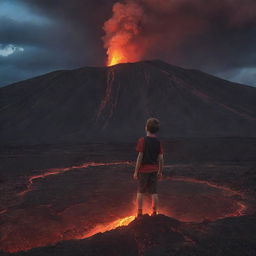 A brave young boy standing triumphantly on the rim of an active volcano, with the red glow of magma illuminating him against a dramatic twilight sky