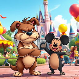 A charming cartoon scene set in a lively Disney Park featuring the same angry dog and the same small silly bear