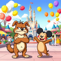 A charming cartoon scene set in a lively Disney Park featuring the same angry dog and the same small silly bear