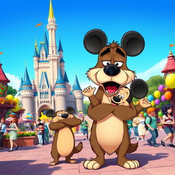 A charming cartoon scene set in a lively Disney Park featuring the same angry dog and the same small silly bear