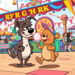 A whimsical cartoon scene set in a vibrant theme park, featuring the same angry dog and the same small silly bear