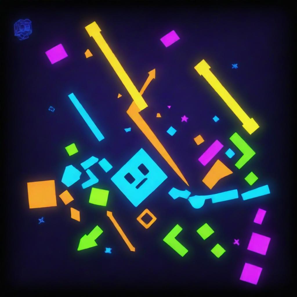 An exhilarating scene from the game 'Geometry Dash', featuring an array of geometric shapes navigating through a vibrant, pulsating course with rhythmic music symbols floating in the background.