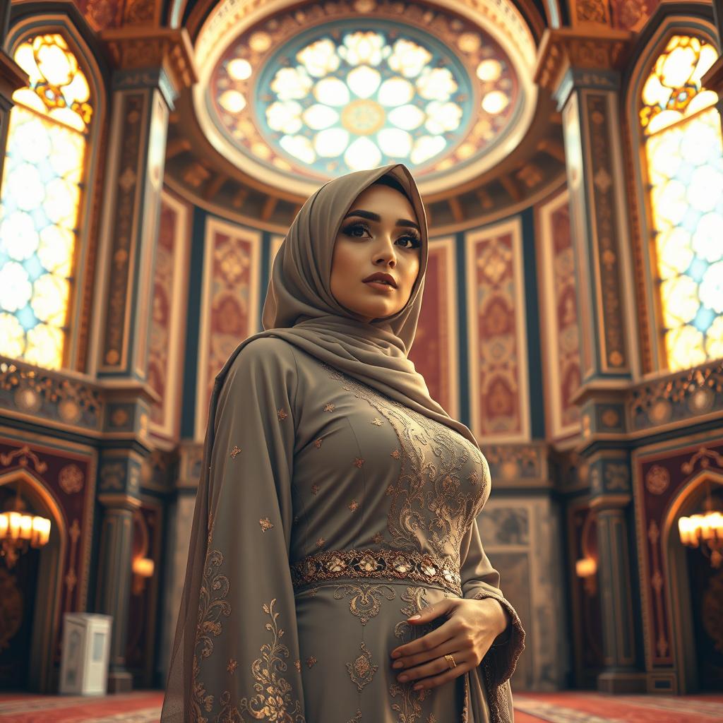 A sensual depiction of a beautiful Muslim woman in an elegant traditional outfit, standing confidently in a stunningly ornate mosque, adorned with intricate geometric patterns and rich tapestries