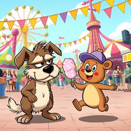 A whimsical cartoon scene set in a vibrant theme park, featuring the same angry dog and the same small silly bear