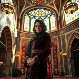 A sensual depiction of a beautiful Muslim woman in an elegant traditional outfit, standing confidently in a stunningly ornate mosque, adorned with intricate geometric patterns and rich tapestries