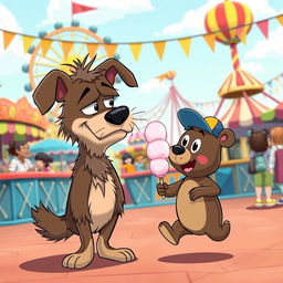 A whimsical cartoon scene set in a vibrant theme park, featuring the same angry dog and the same small silly bear