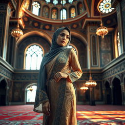 A sensual depiction of a beautiful Muslim woman in an elegant traditional outfit, standing confidently in a stunningly ornate mosque, adorned with intricate geometric patterns and rich tapestries