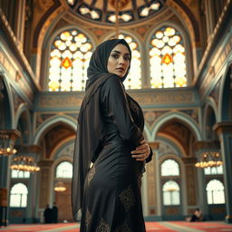 A sensual depiction of a beautiful Muslim woman in an elegant traditional outfit, standing confidently in a stunningly ornate mosque, adorned with intricate geometric patterns and rich tapestries