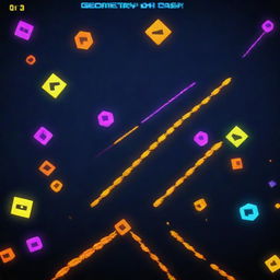 An exhilarating scene from the game 'Geometry Dash', featuring an array of geometric shapes navigating through a vibrant, pulsating course with rhythmic music symbols floating in the background.