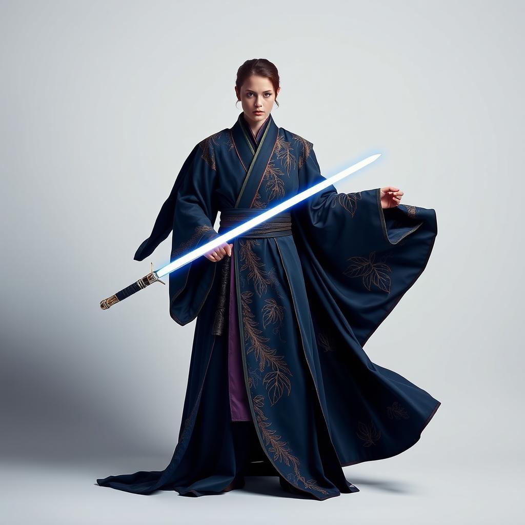 A high fashion interpretation of a Jedi outfit inspired by Anakin Skywalker from Star Wars, featuring luxurious opium-themed design elements