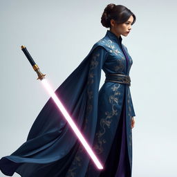 A high fashion interpretation of a Jedi outfit inspired by Anakin Skywalker from Star Wars, featuring luxurious opium-themed design elements