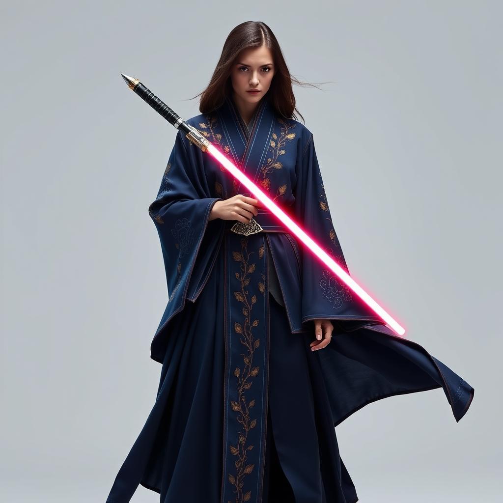 A high fashion interpretation of a Jedi outfit inspired by Anakin Skywalker from Star Wars, featuring luxurious opium-themed design elements