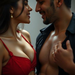 An intimate close-up shot of an attractive 18-year-old Bangladeshi girl revealing her red bra to her charming 20-year-old Bangladeshi boyfriend, capturing a moment of affection between them