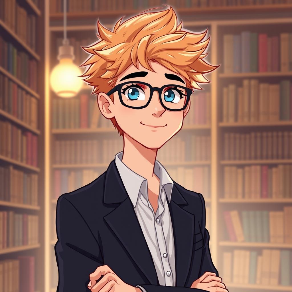 A semi-realistic illustration of a 22-year-old man with fluffy, strawberry blonde hair, styled casually