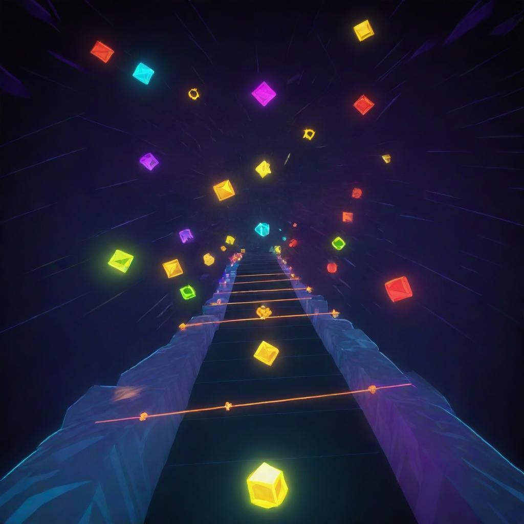 An exhilarating scene from the game 'Geometry Dash', featuring an array of geometric shapes navigating through a vibrant, pulsating course with rhythmic music symbols floating in the background.