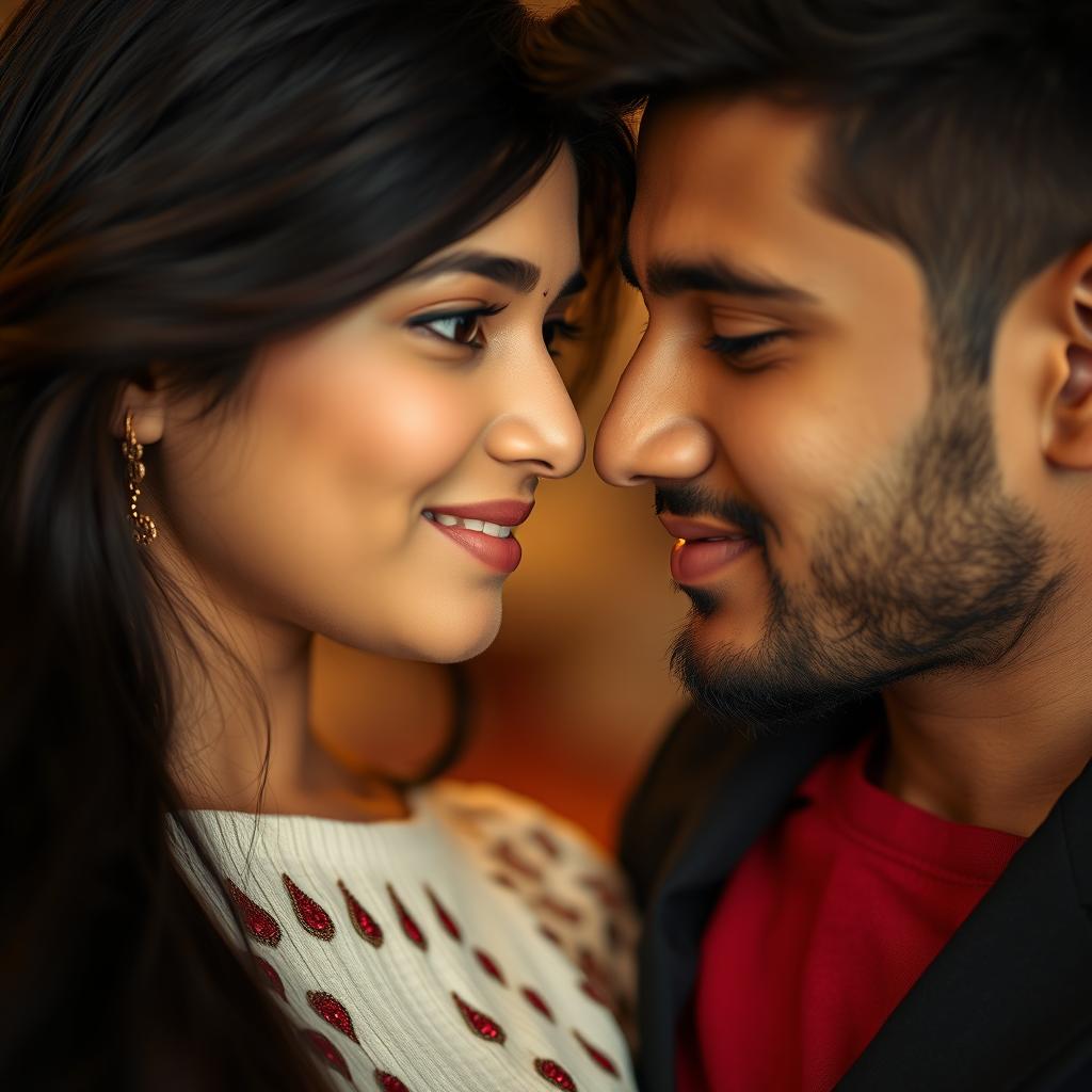 A close-up shot of a young Bangladeshi couple, a beautiful 18-year-old girl with long dark hair and striking features, and a handsome 20-year-old boy, both looking attractive and captivating