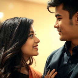 A close-up shot of a young Bangladeshi couple, a beautiful 18-year-old girl with long dark hair and striking features, and a handsome 20-year-old boy, both looking attractive and captivating