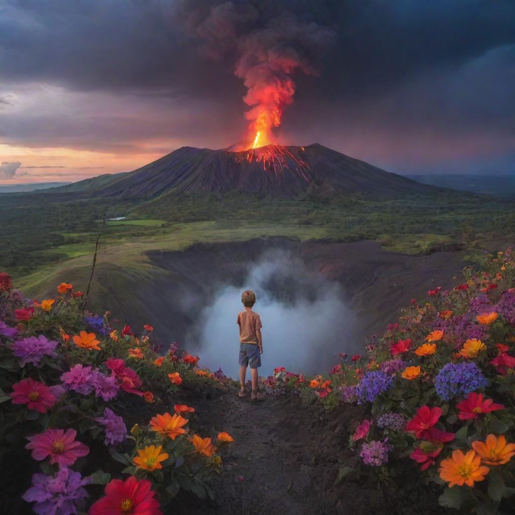 A daring young boy standing on the edge of a lively volcano, showered by a surreal rain of vibrant, multicolored flowers under a majestic twilight sky