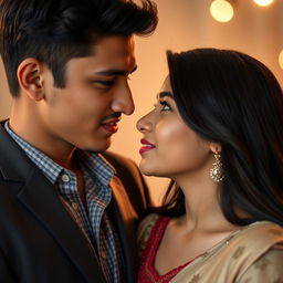 A close-up shot of a young Bangladeshi couple, a beautiful 18-year-old girl with long dark hair and striking features, and a handsome 20-year-old boy, both looking attractive and captivating