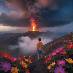 A daring young boy standing on the edge of a lively volcano, showered by a surreal rain of vibrant, multicolored flowers under a majestic twilight sky