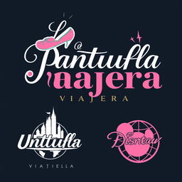 A sophisticated and colorful logo design for "La Pantufla Viajera," a travel agency specializing in trips to Universal and Disney Parks around the world